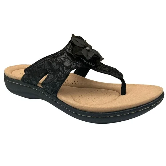 Clarks Women's Laurieann Gema Leather Thong Sandal Size 7 Black Arch Support - Picture 14 of 14